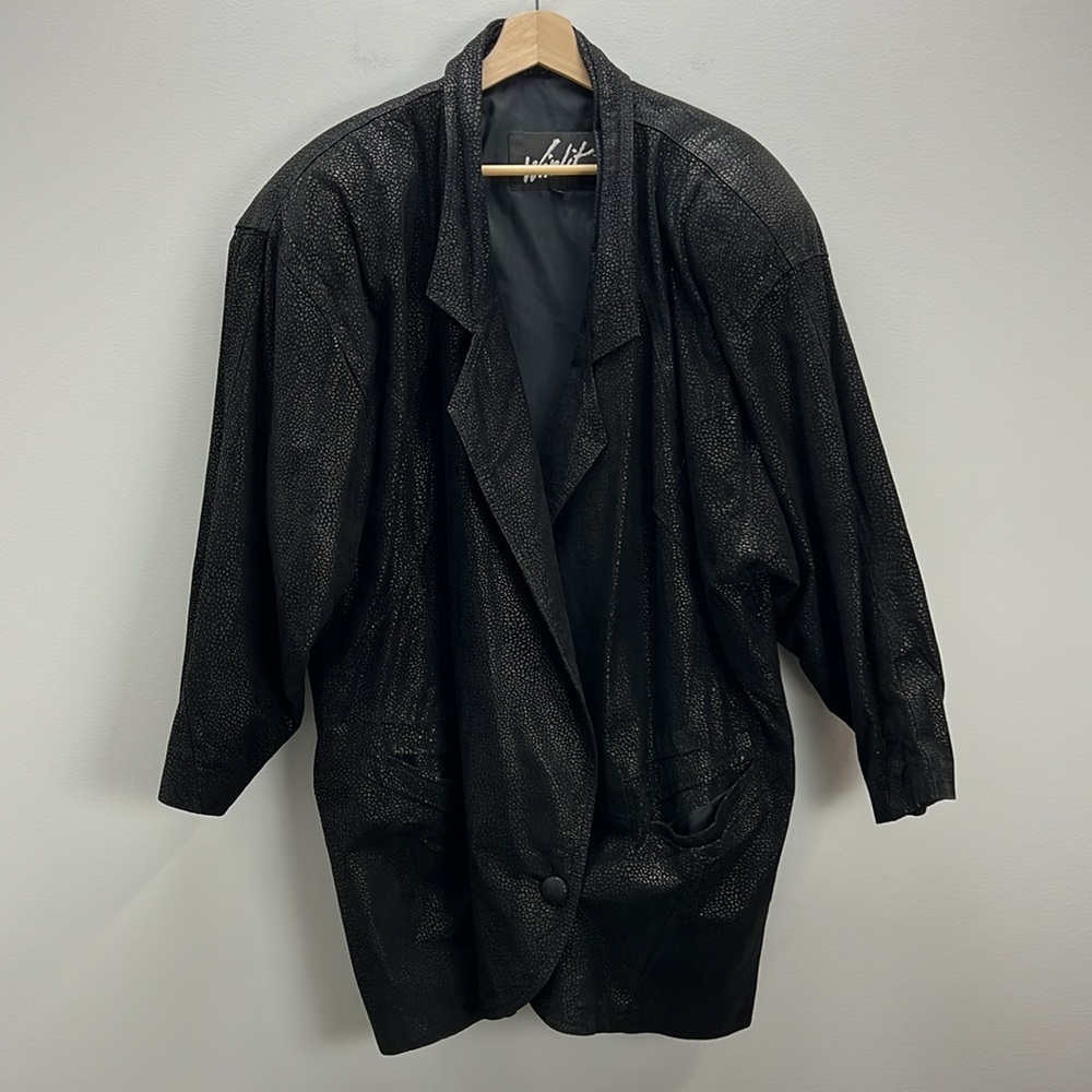 Vintage 80s 90s Leather Jacket Winlit Oversized Black Suede Womens Large Disco